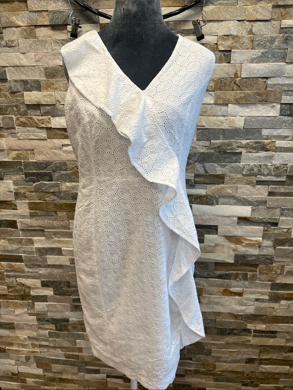 Calvin Klein White One-Shoulder Eyelet Ruffle Sheath Dress